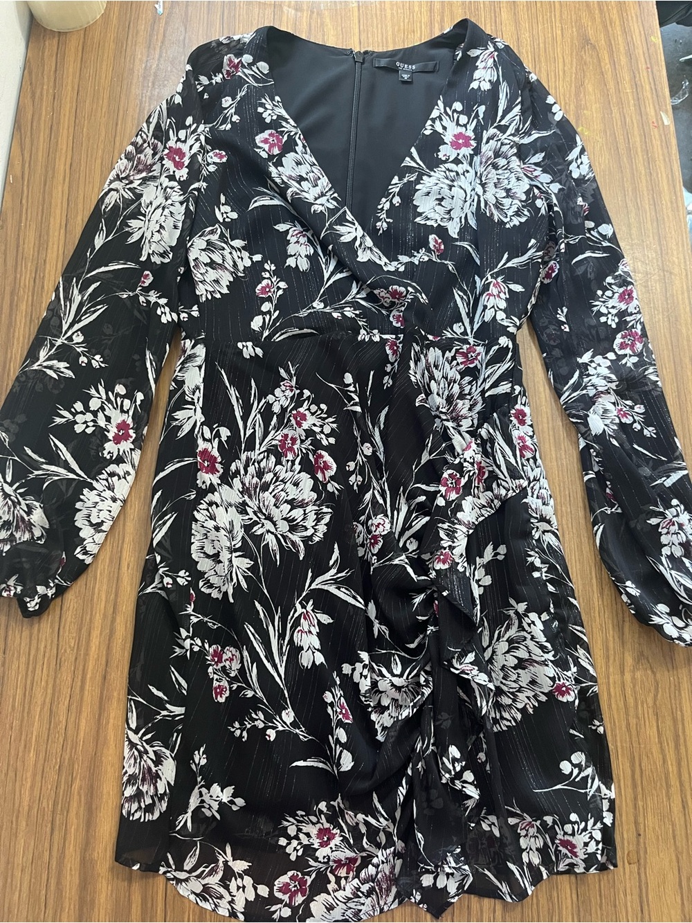 GUESS Black Floral Faux-Wrap Mini Dress with Metallic Pinstripes – Size M
